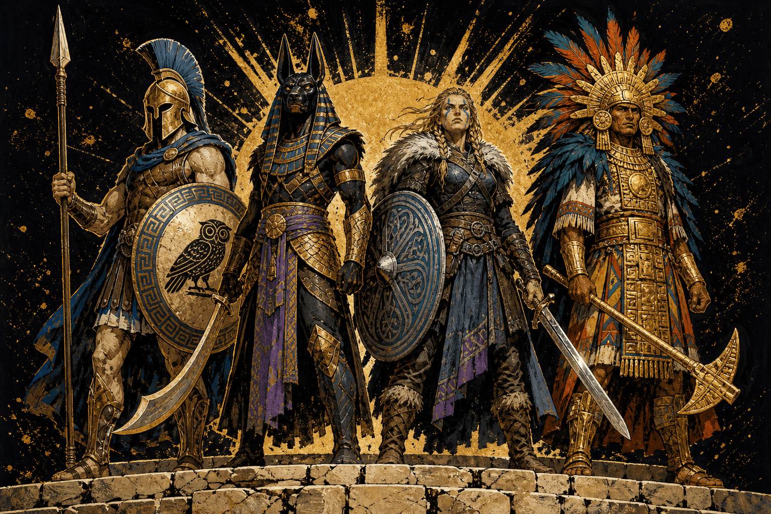 Champions of Olympus, Duat, Asgard and Tawantinsuyu in a standoff on sunlit stone